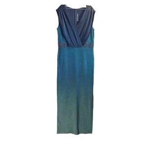 NWT St. John Maxi Dress Black Bodice Sleeveless VNeck Beaded Waist Green Bottom